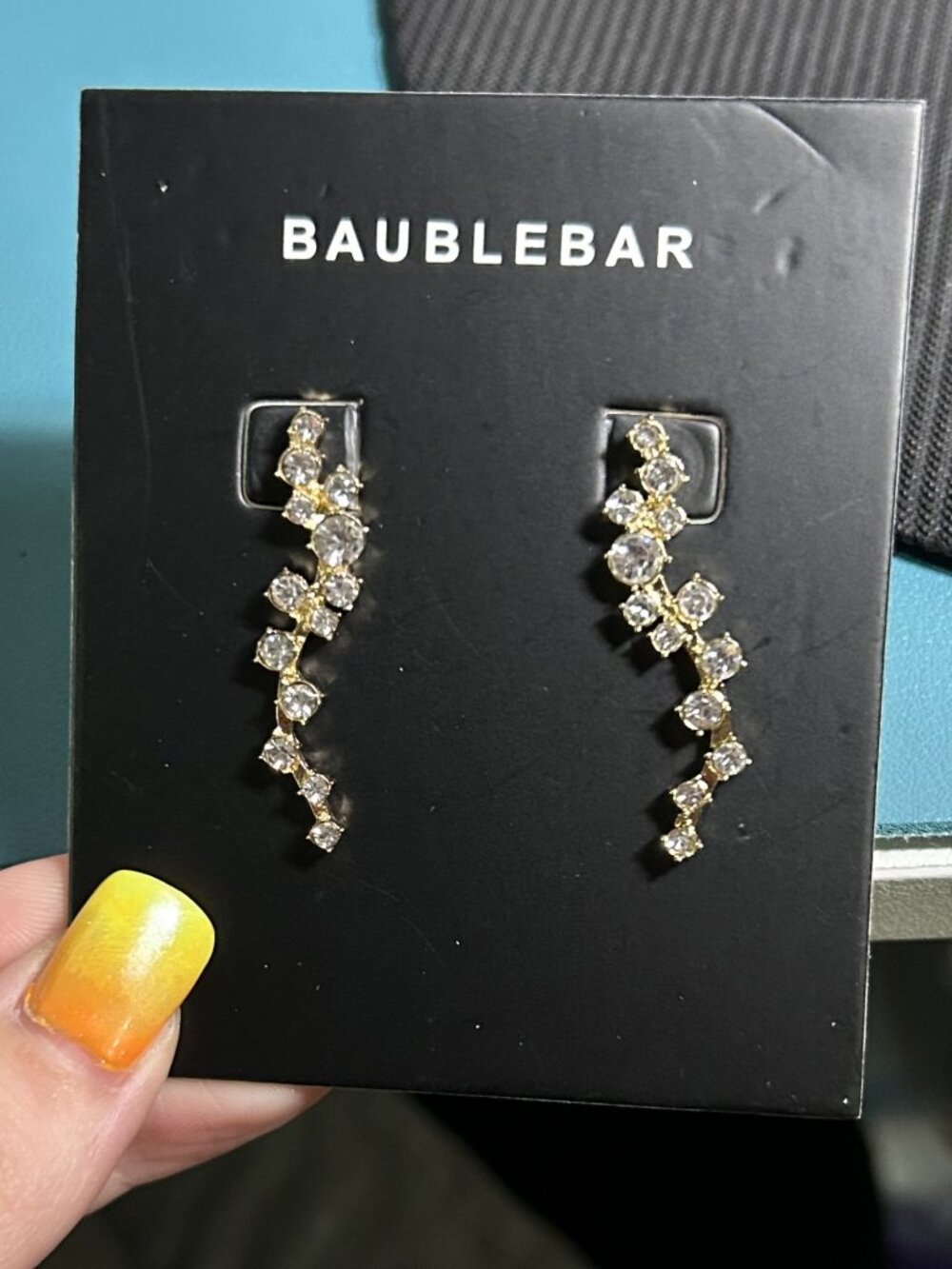 BaubleBar Clear Rhinestone Zig Zag Wave Vine Earrings Gold Tone New